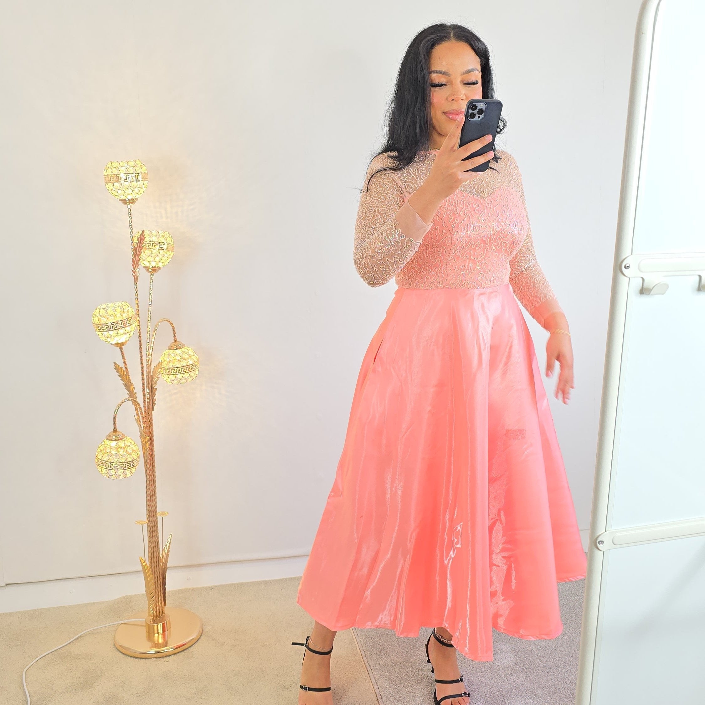 Beaded Peach Fit & Flare Evening Dress | House of Prints Beaded Peach Fit & Flare Evening Dress | House of Prints