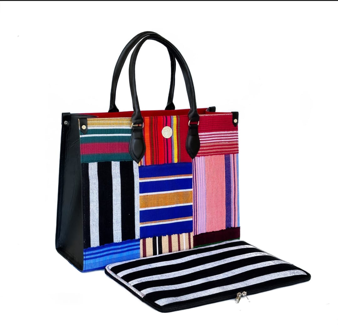 Black Leather & Multi Colour Aso-Oke Handbag. (Limited Edition) - House of Prints