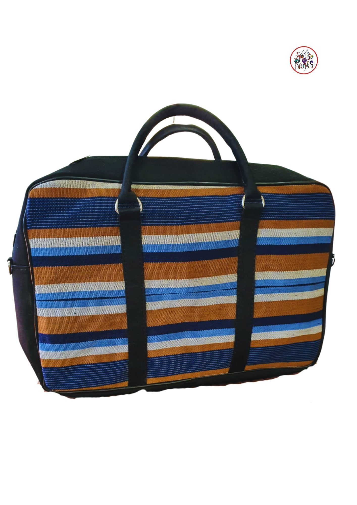 Blue Brown & White Aso oke Leather Laptop Bag - House of Prints