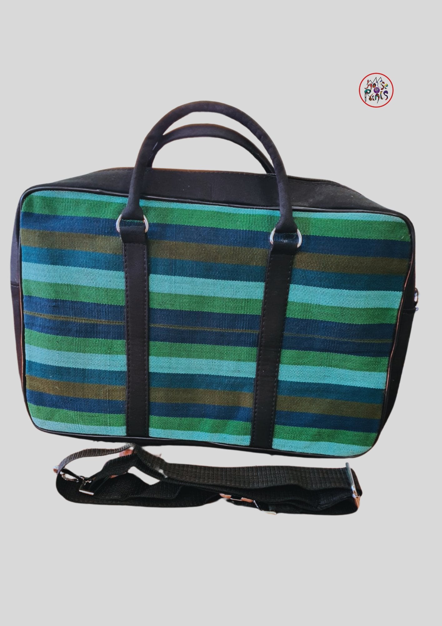 Green Aso Oke Leather Laptop Bag - House of Prints