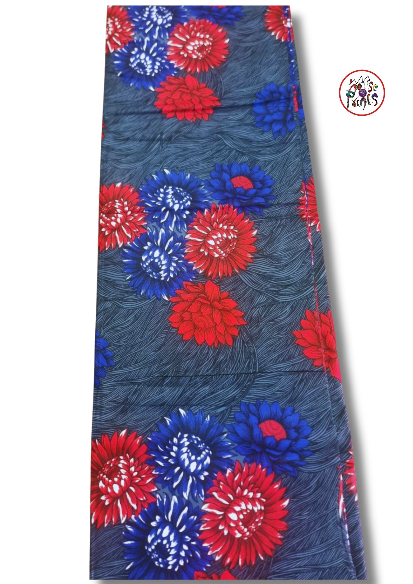 Grey, Blue & Red Floral Pattern Ankara Fabric - House of Prints