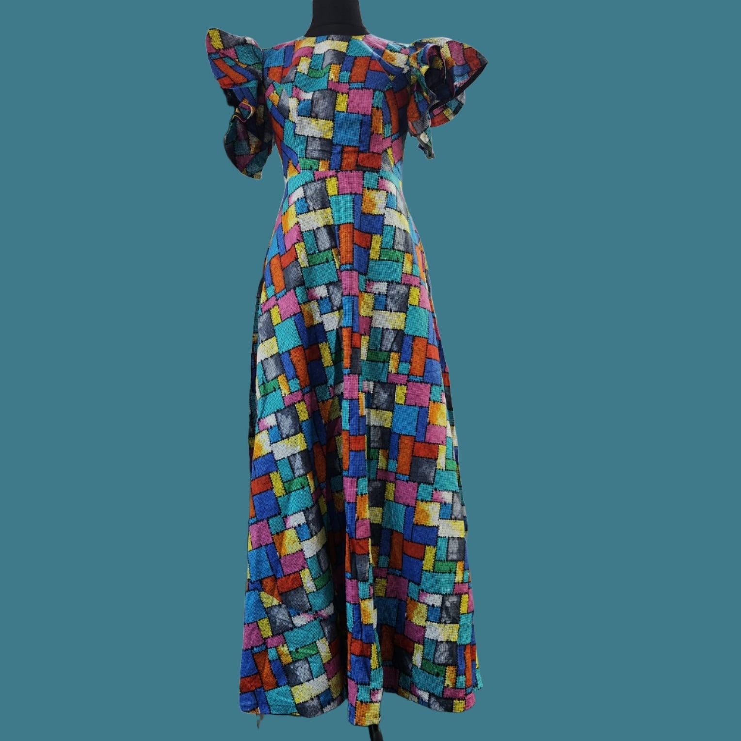 Multicolour Long dress with short flare sleeves - House of Prints