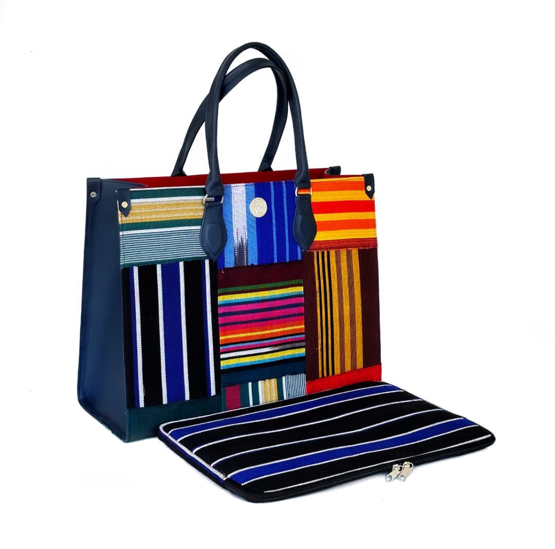 Navy Blue Leather & Multi Colour Aso-Oke Handbag. (Limited Edition) - House of Prints