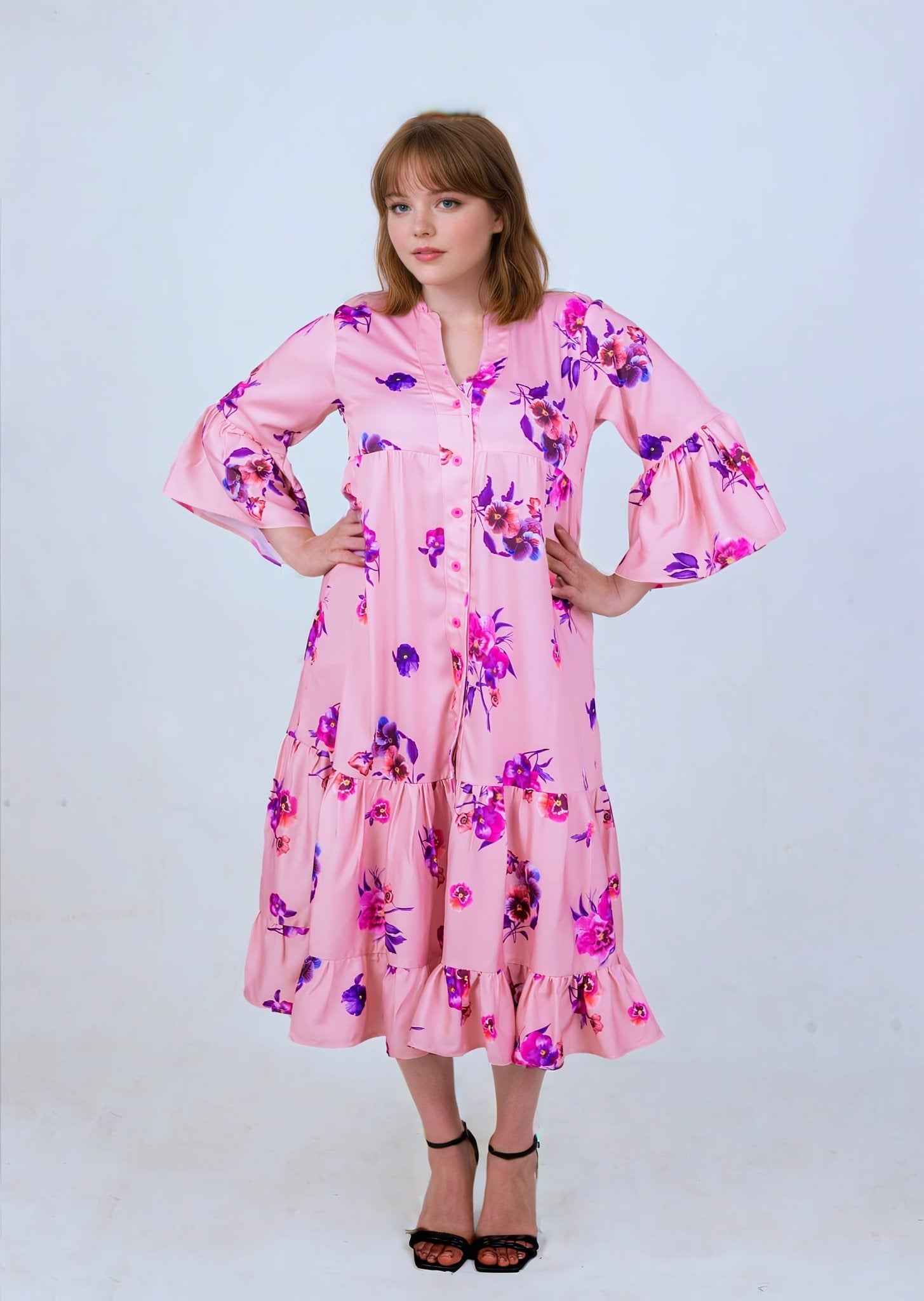 Pink Floral Satin Dress - House of Prints