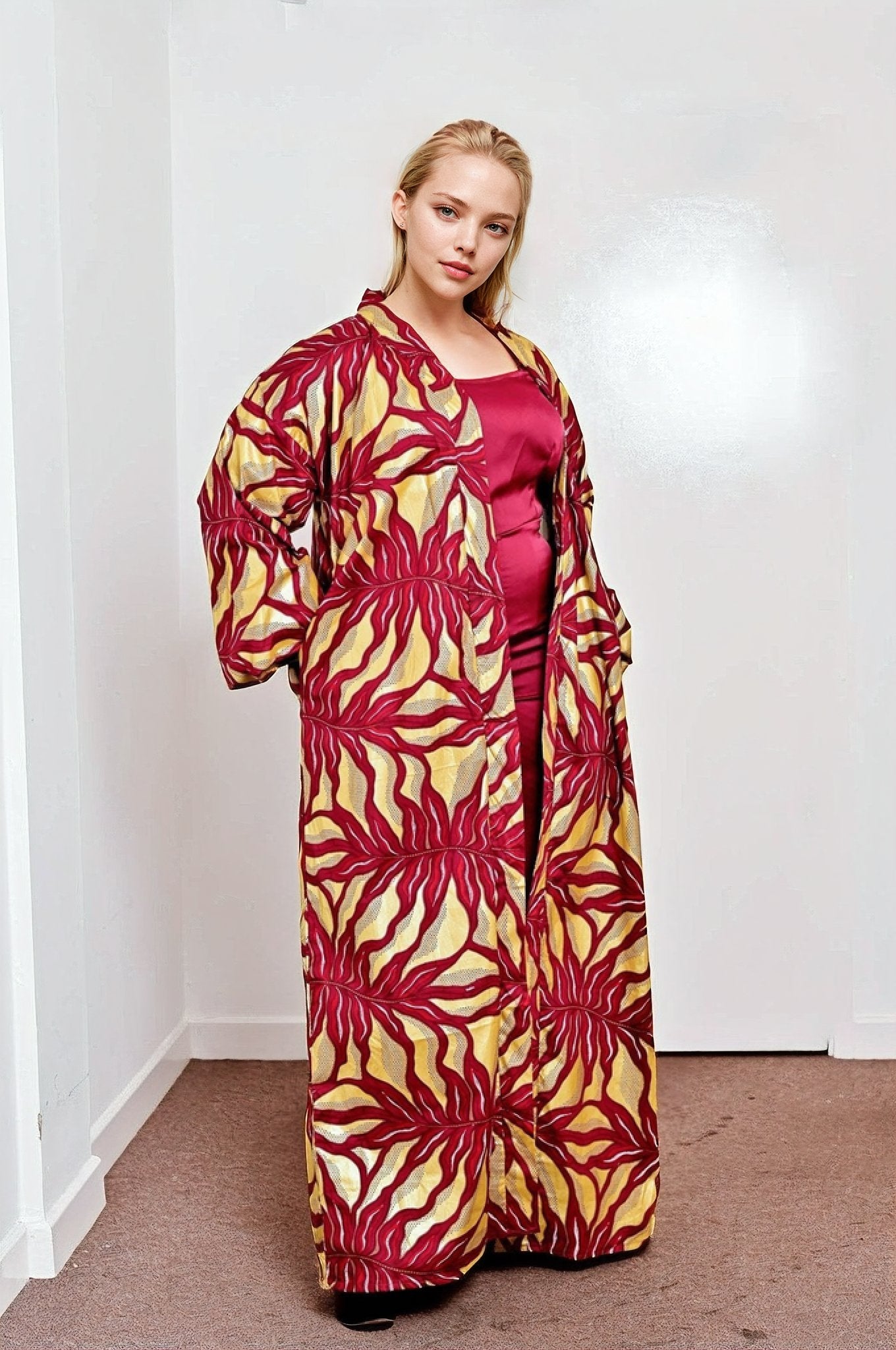 Wine Embellished Gold African Print Kimono - House of Prints