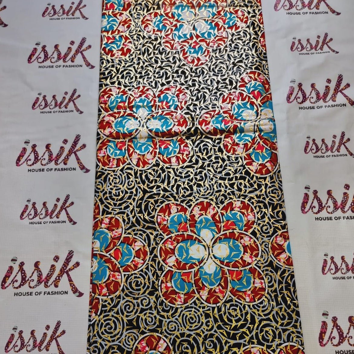 Black, Red & Blue Embellished Gold Ankara - akgld007 - House of Prints
