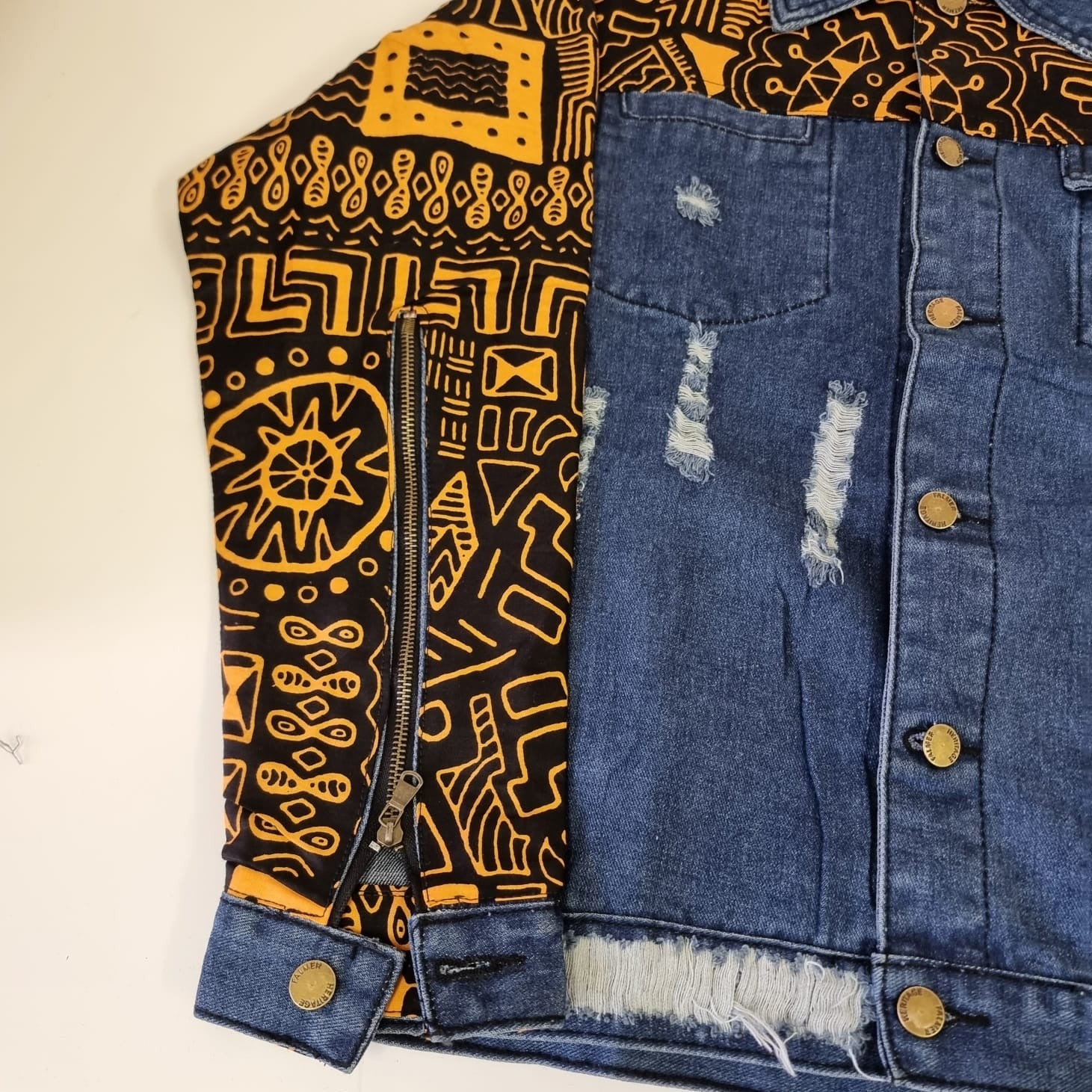 Blue, Black & Gold Ankara Denim Jacket - House of Prints
