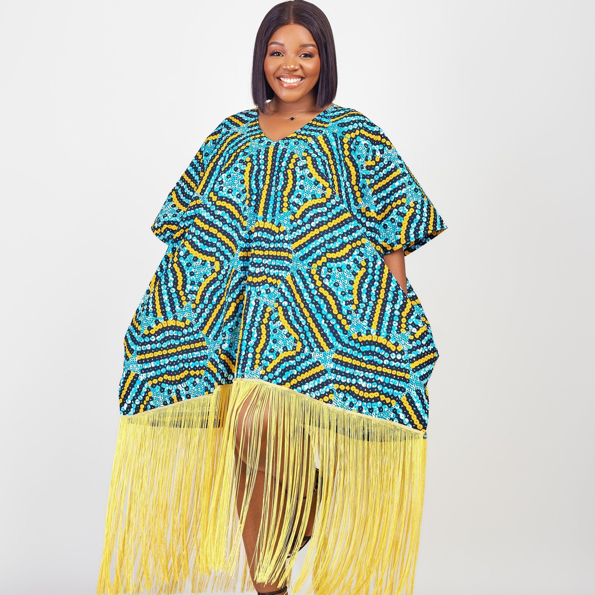 Blue & Yellow Oversize Fringe Top - House of Prints