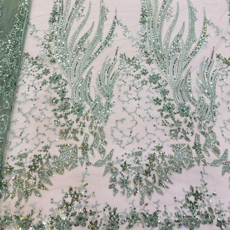 Floral Olive Green Sequins & Beads Lace- ial078 - House of Prints