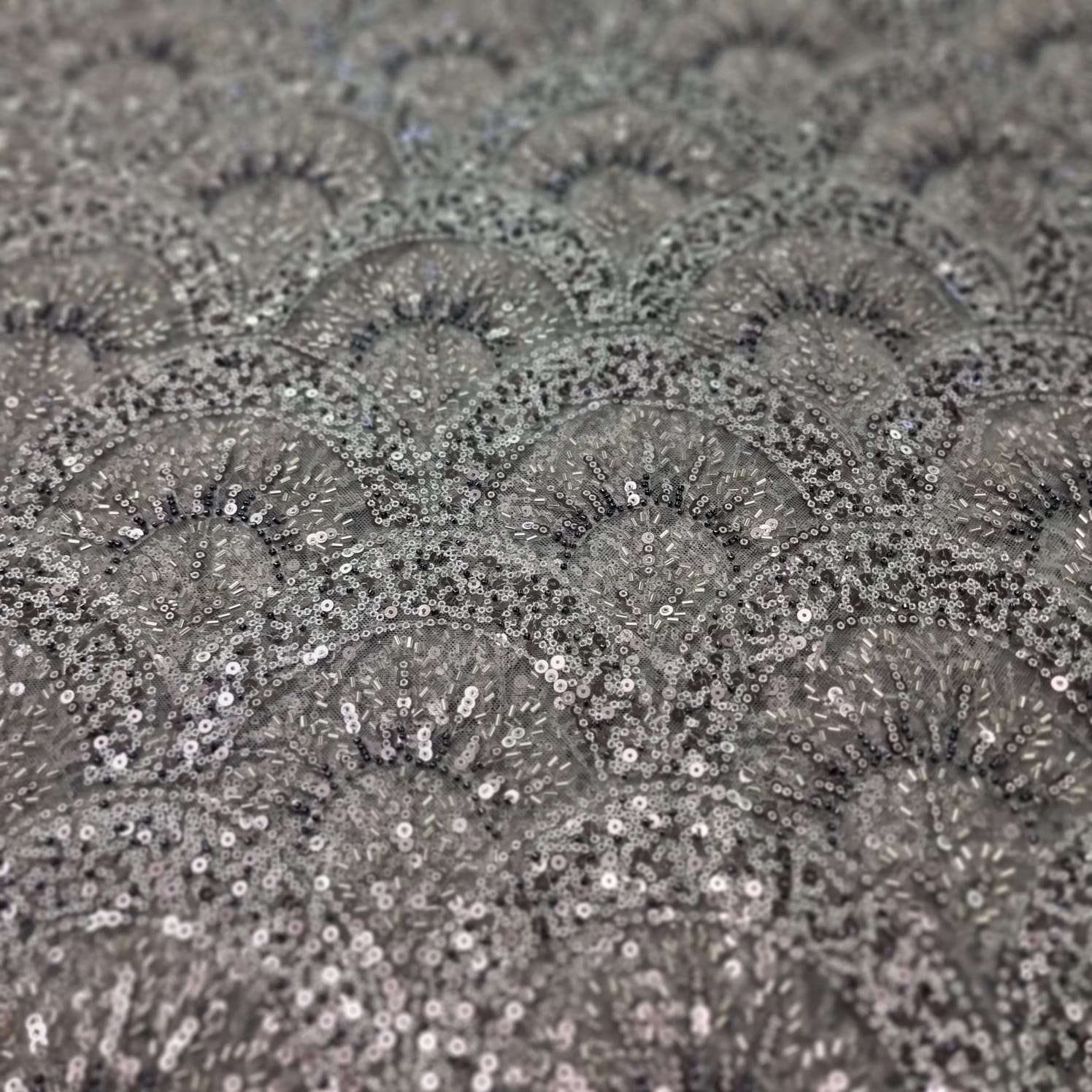 Grey & Black Beaded Bridal Fabric - House of Prints