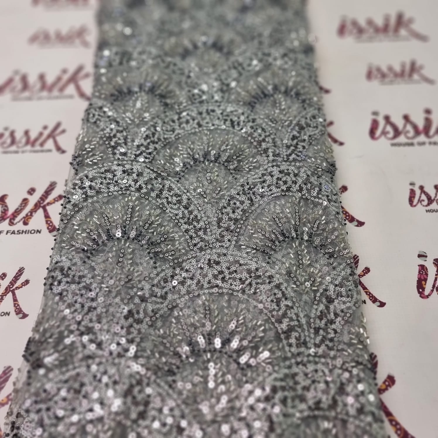 Grey & Black Beaded Bridal Fabric - House of Prints
