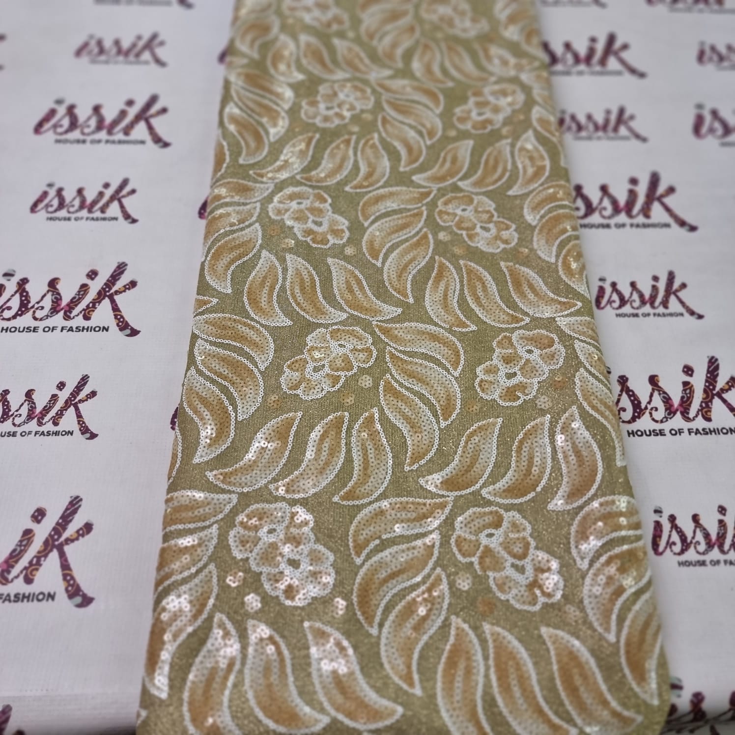 Light Brown and Gold Sequins Lace Fabric - House of Prints