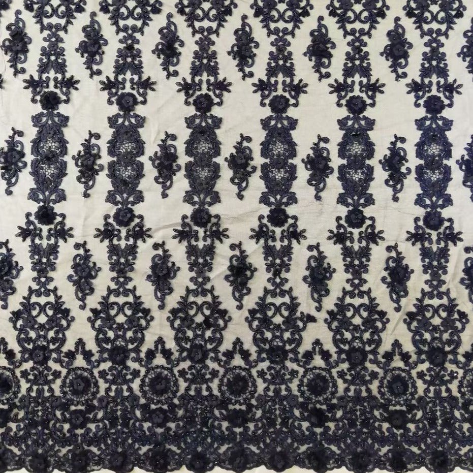 Navy Blue Floral Beaded Lace Fabric - House of Prints