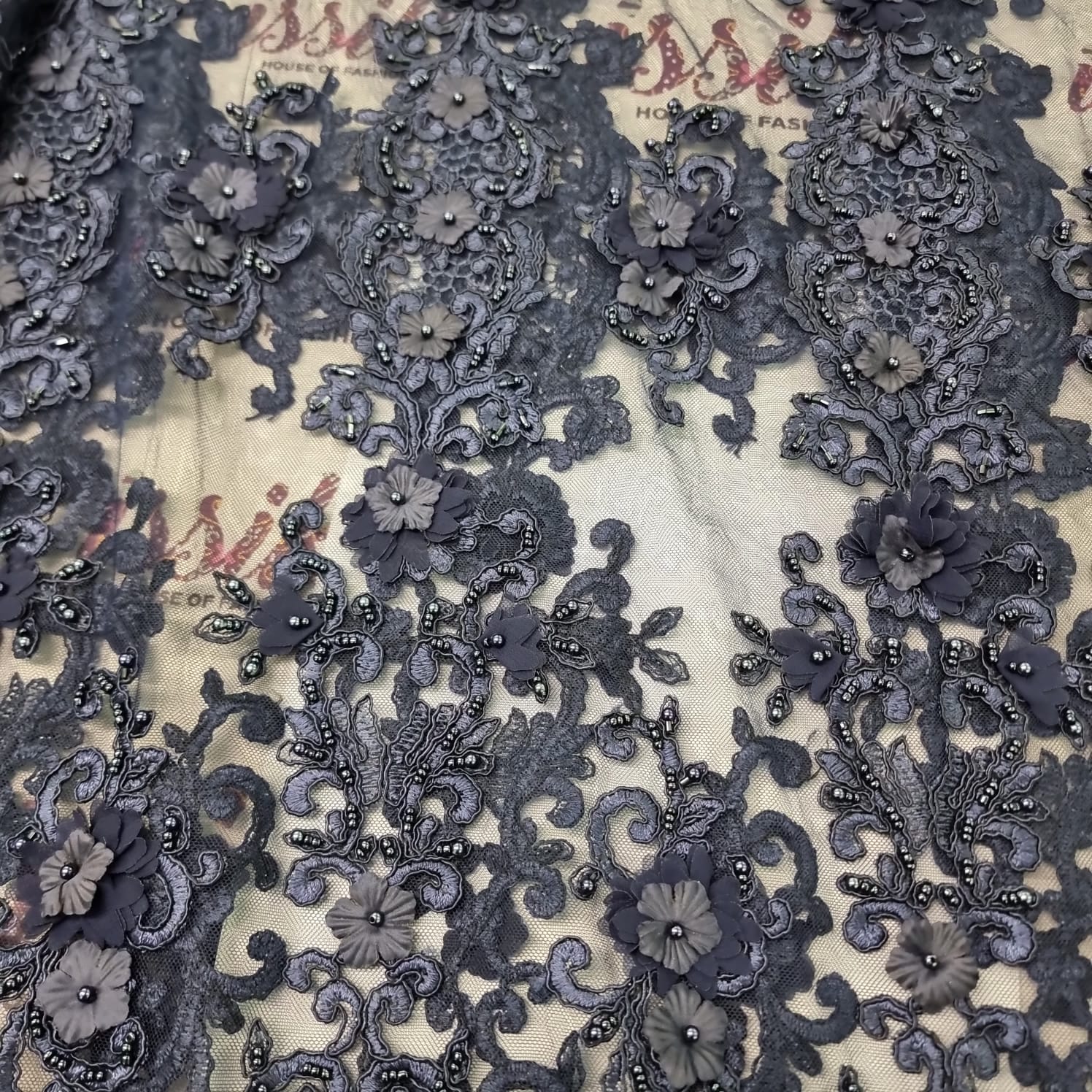 Navy Blue Floral Beaded Lace Fabric - House of Prints