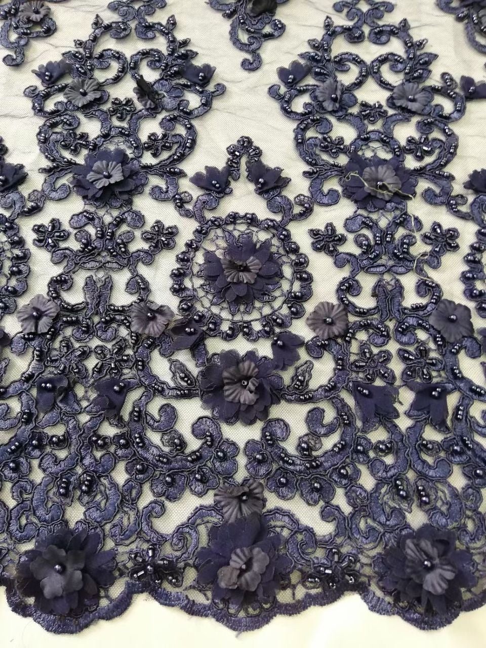 Navy Blue Floral Beaded Lace Fabric - House of Prints