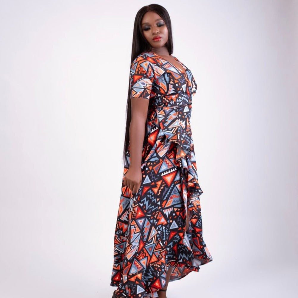 Orange & Grey Wrap Dress - House of Prints