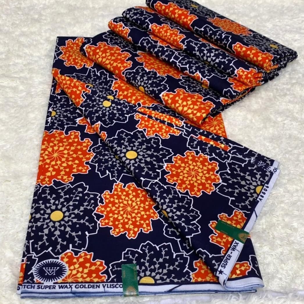 Royal Blue & Orange Embellished Gold African Print Fabric - akgld051 - House of Prints