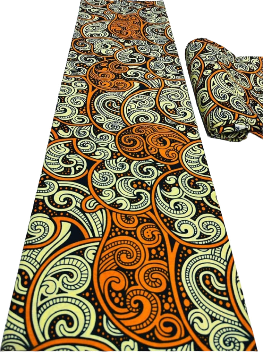 Black, Cream & Orange Ankara Fabric