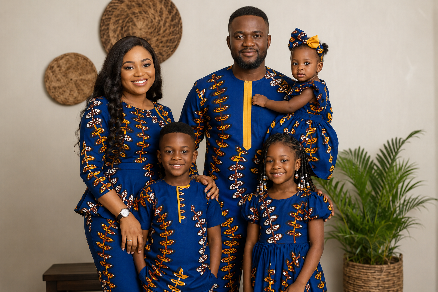 Royal blue and gold leaf vine Ankara fabric stacked in folded layers showing pattern detail