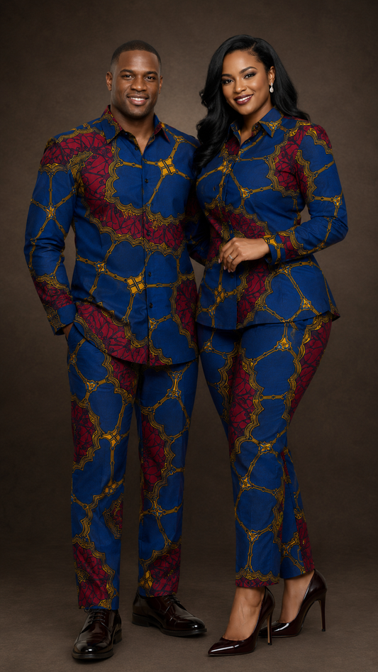 Couple wearing matching royal blue and crimson Ankara co-ord suits made from this fabric