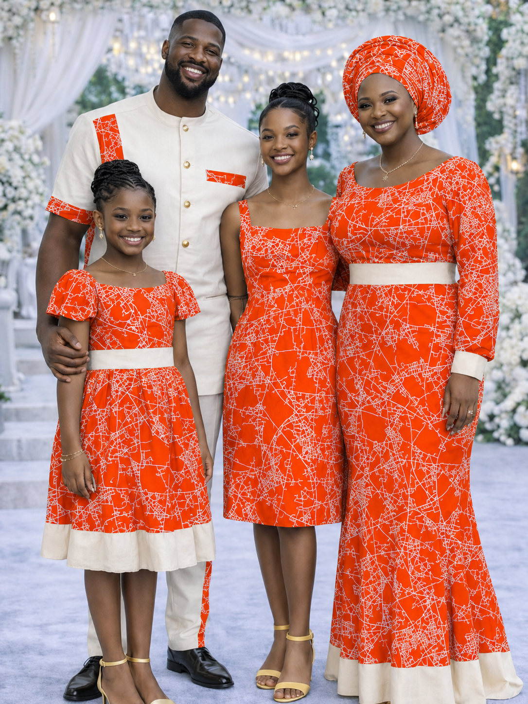 Family of four wearing coordinated orange abstract map print African outfits at a wedding celebration