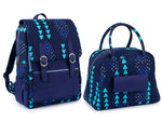 Angled front view of Ankara navy blue teal triangle print backpack and bowling handbag set showing full print coverage and silver hardware