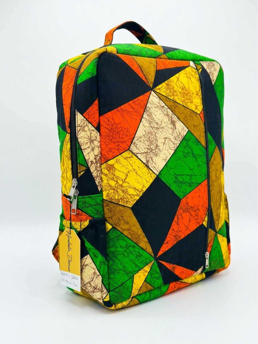 Front angle view of Ankara geometric kaleidoscope patchwork backpack in green, orange, yellow and black triangle print with Ankara top handle