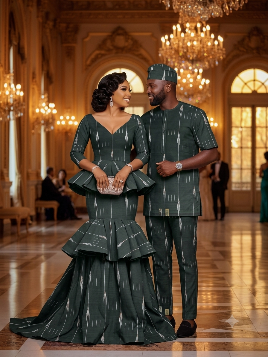 Couple wearing matching emerald green ikat streak African wax print outfits at a grand ballroom event — woman in layered peplum mermaid gown, man in senator set with cap