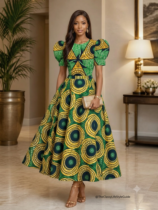 Model wearing a puff-sleeve midi dress made from green and gold geometric fan Ankara wax print fabric