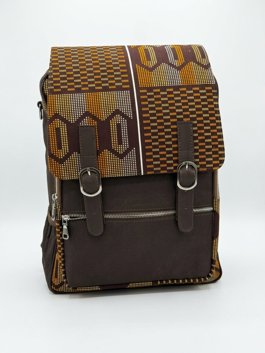 Ankara Kente Satchel Backpack – Brown & Gold Geometric African Print Bag