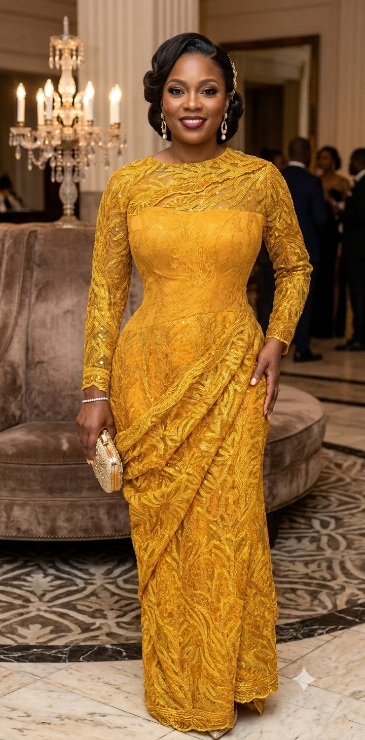 Woman wearing mustard gold all-over floral lace evening gown with draped wrap skirt, long lace sleeves, sheer lace yoke neckline and floor-length silhouette at a gala event