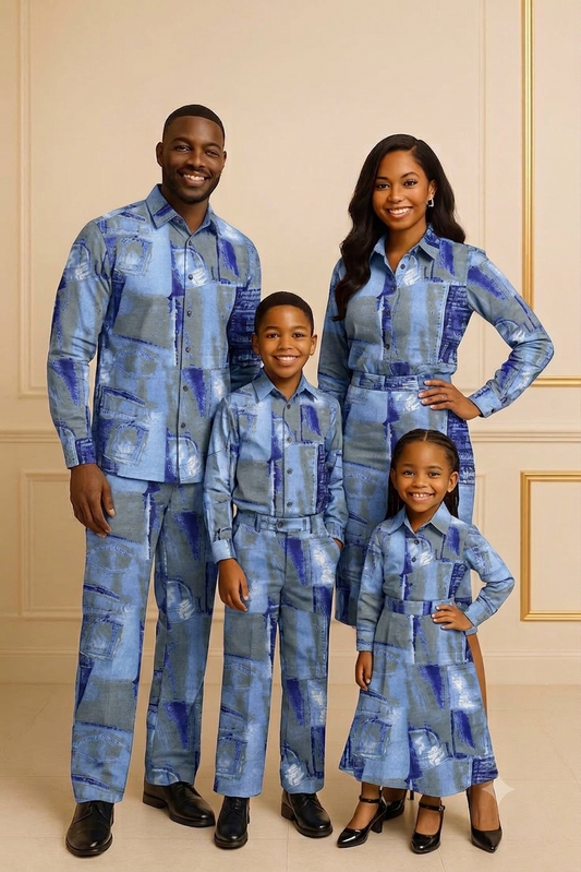 Denim patchwork print Ankara African print cotton fabric folded in three layers showing full pattern detail