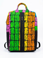 Front view of Ankara print backpack in multicolour mosaic crackle pattern showing full-length front zip pocket and padded straps