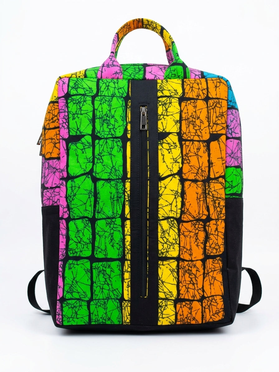 Front view of Ankara print backpack in multicolour mosaic crackle pattern showing full-length front zip pocket and padded straps