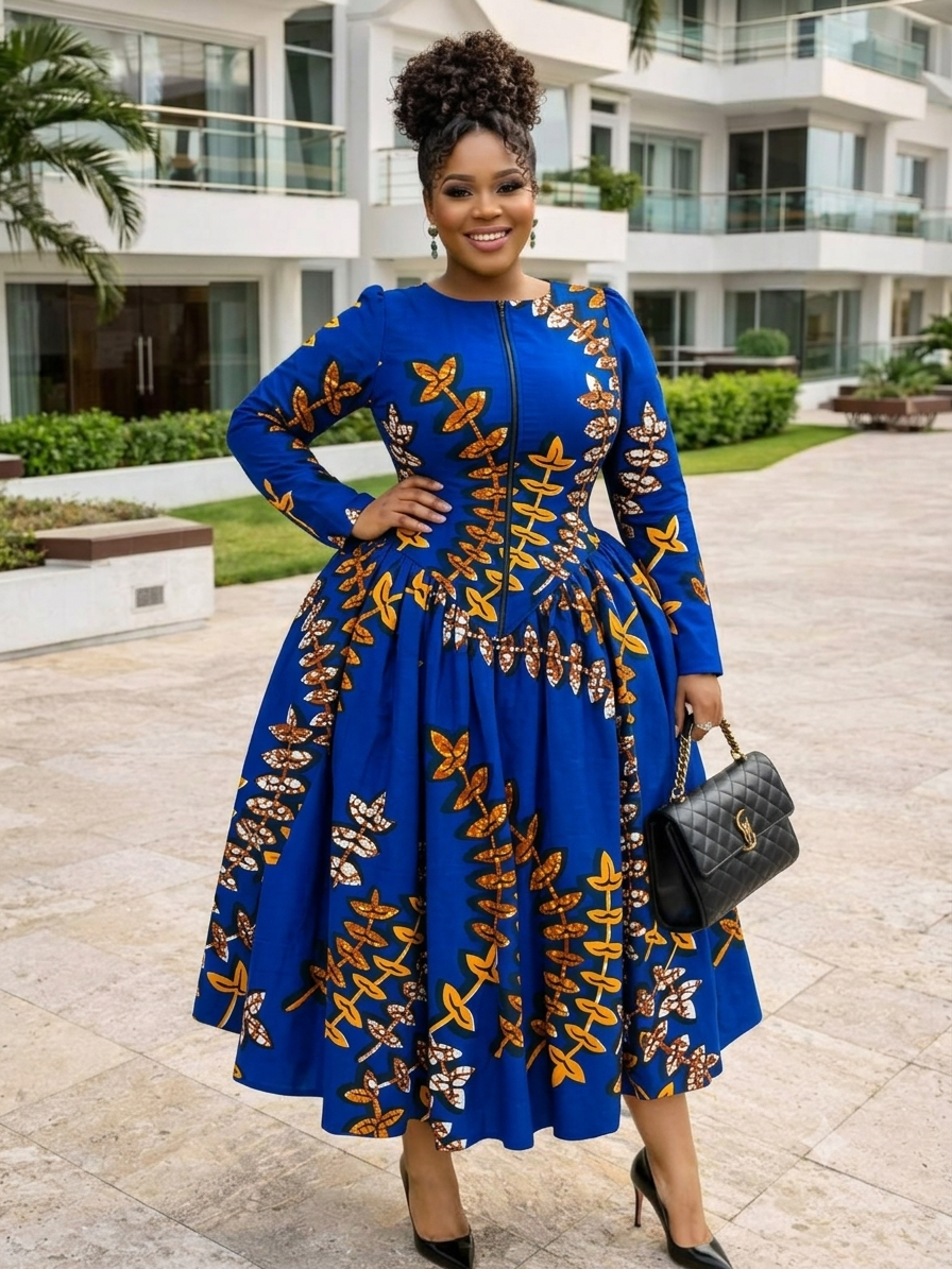 Royal Blue & Gold Leaf Vine Ankara African Print Cotton Fabric