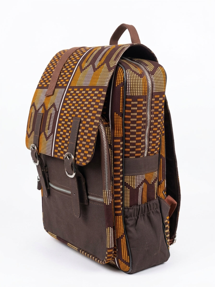 Ankara Kente Satchel Backpack – Brown & Gold Geometric African Print Bag