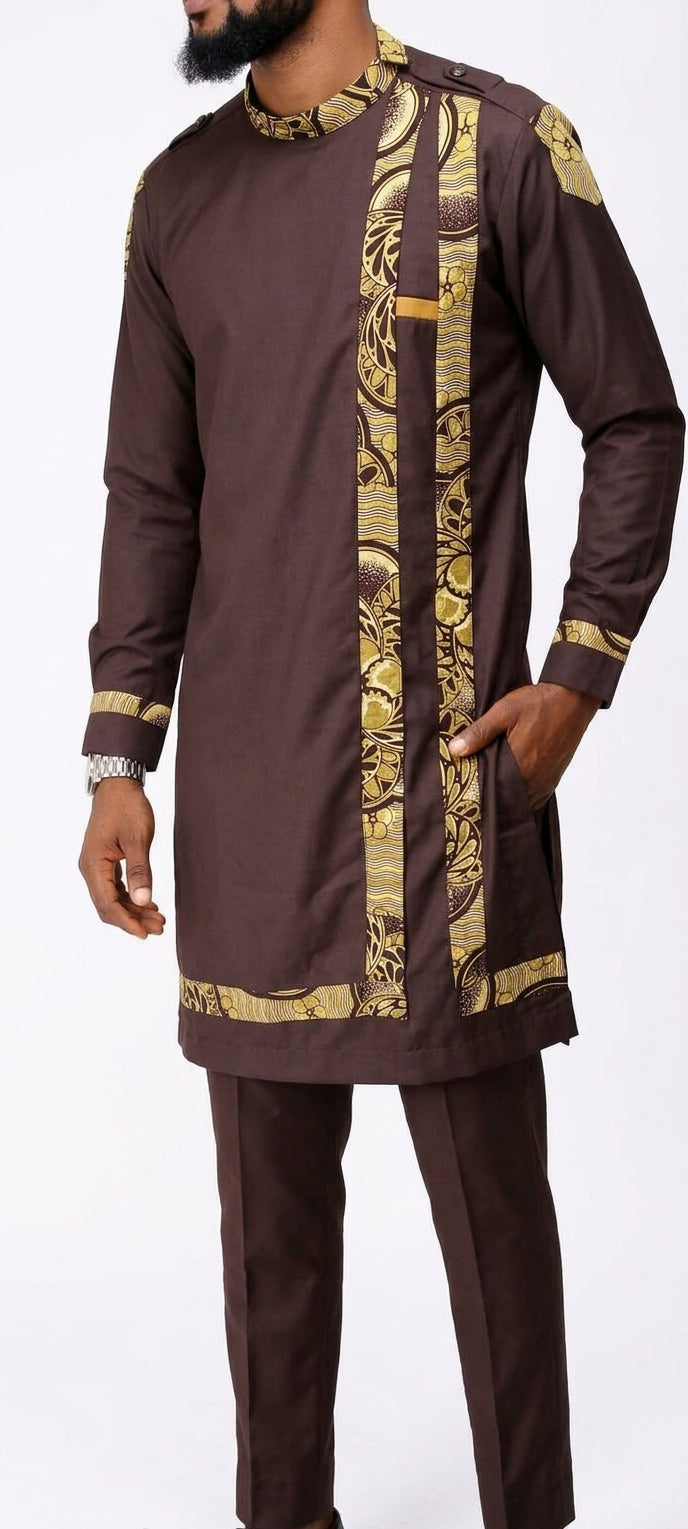 Man wearing chocolate brown African senator suit with gold and olive Ankara vertical panel detailing, Mandarin collar and matching trousers