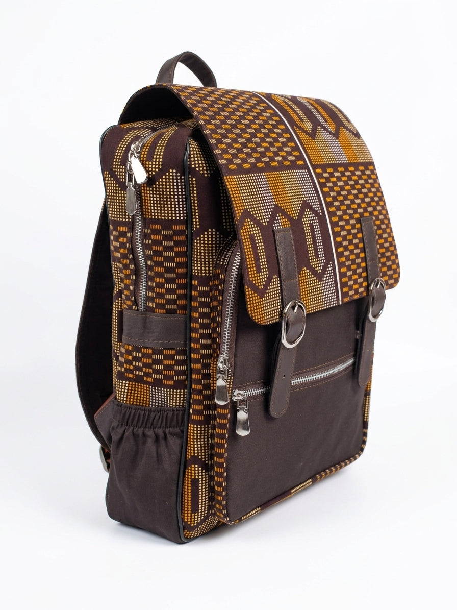 Ankara Kente Satchel Backpack – Brown & Gold Geometric African Print Bag