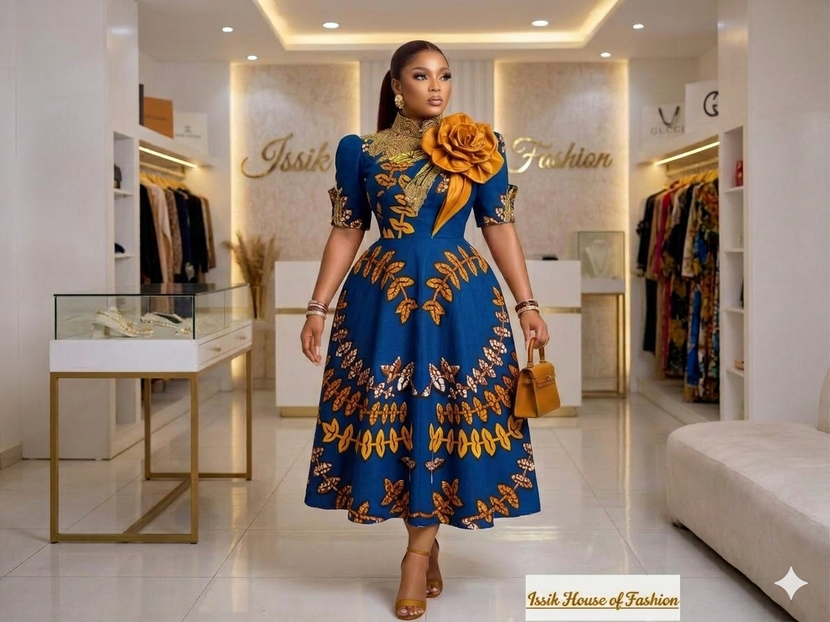 Royal Blue & Gold Leaf Vine Ankara African Print Cotton Fabric