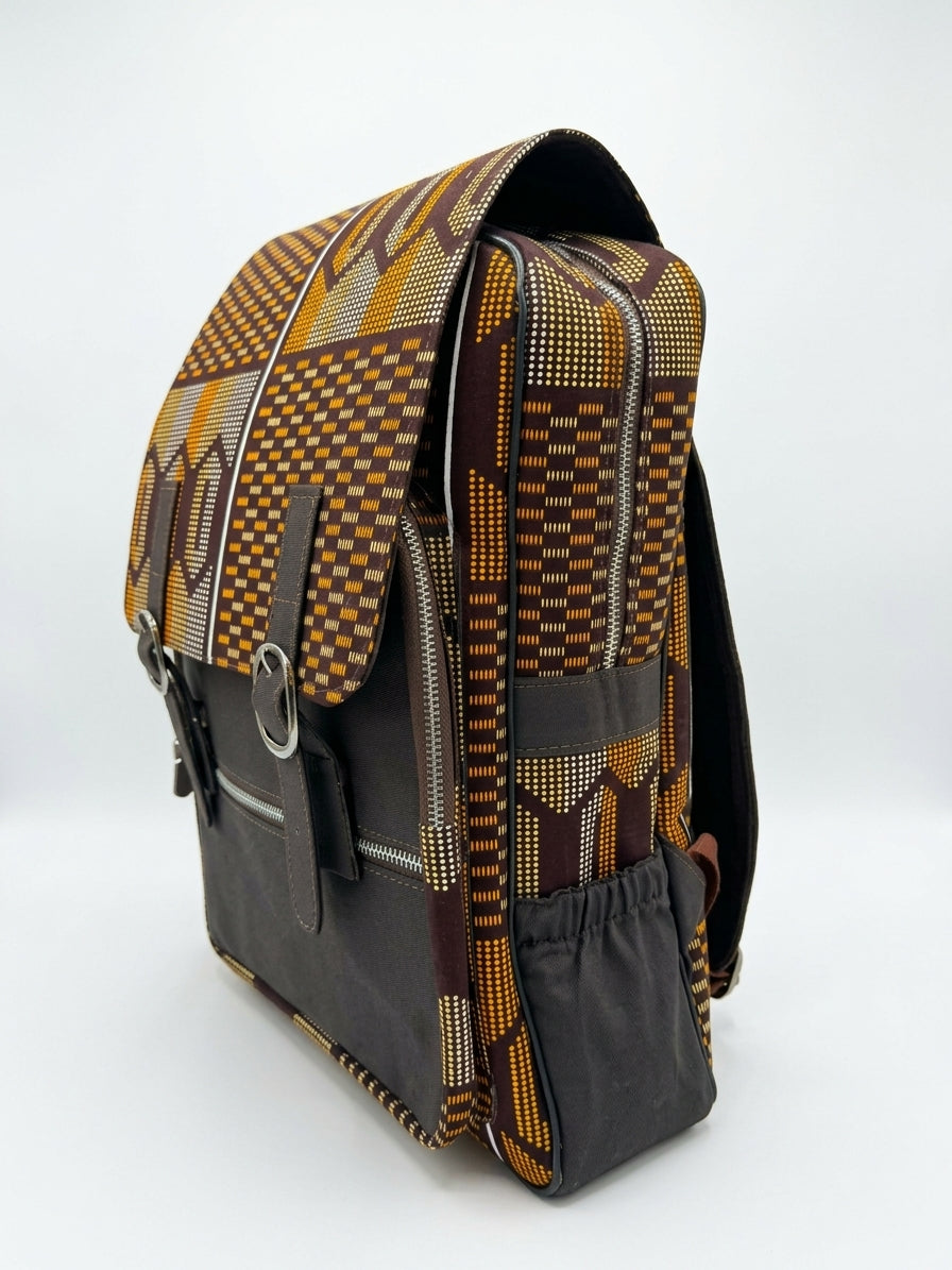 Ankara Kente Satchel Backpack – Brown & Gold Geometric African Print Bag