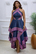 Navy Blue Ankara Stripe Halter Dress – Tiered Asymmetric Hem