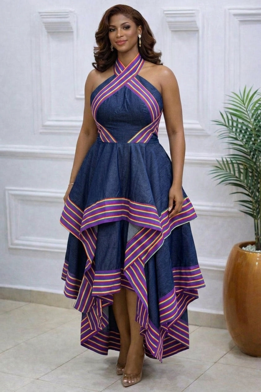 Navy Blue Ankara Stripe Halter Dress – Tiered Asymmetric Hem