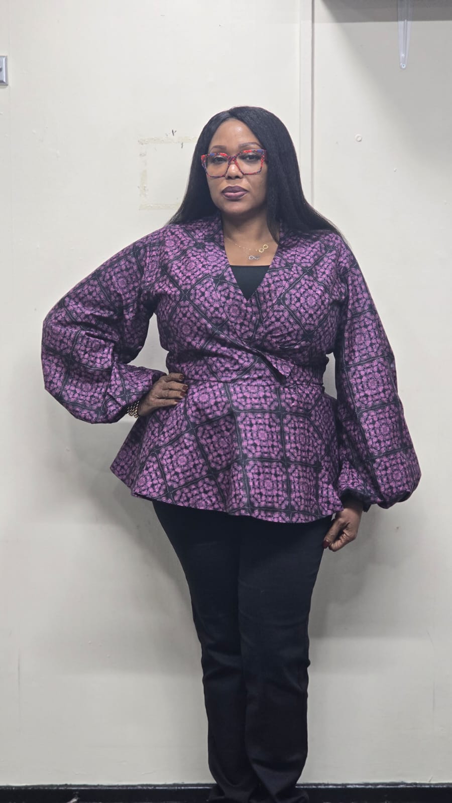 Purple_Black_Wrap_Top_with_baloon_sleeves