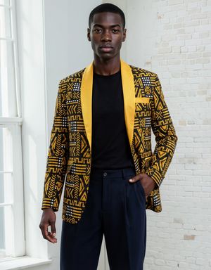 Black & Gold Tribal Print Men's Ankara Blazer | 100% Cotton