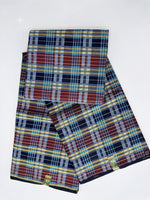 Navy blue tartan check African print fabric unfolded showing full width and print repeat