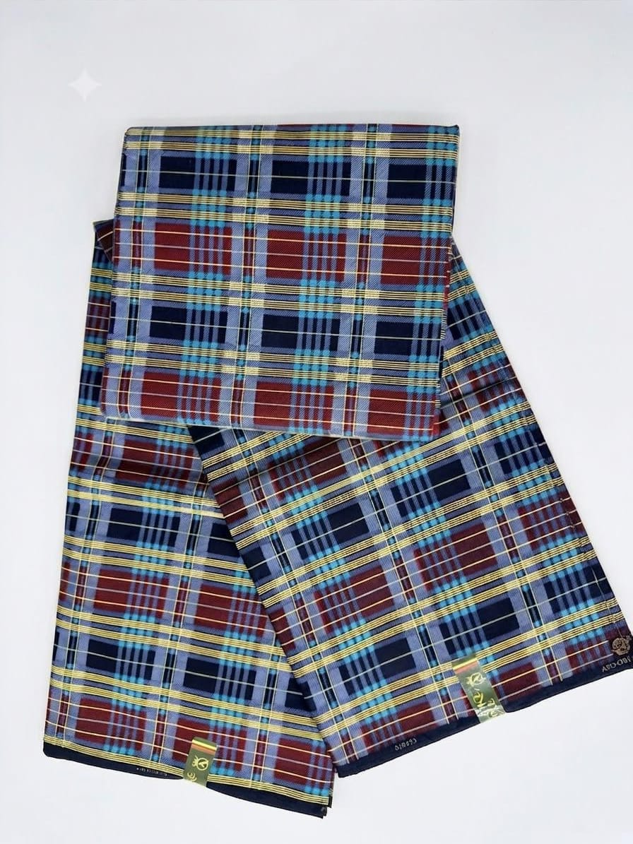 Navy blue tartan check African print fabric unfolded showing full width and print repeat