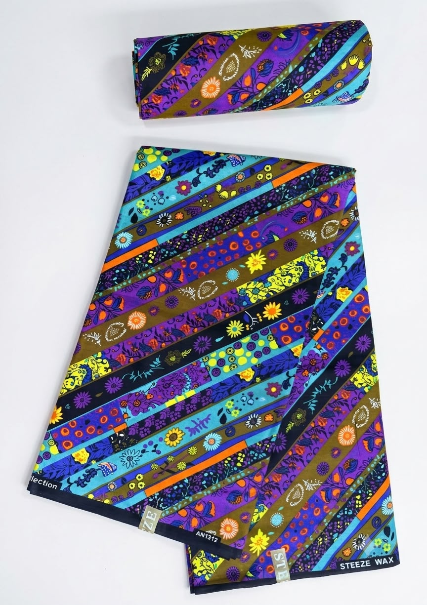 Multicolour diagonal stripe Steeze Wax Ankara African print cotton fabric, shown folded and rolled