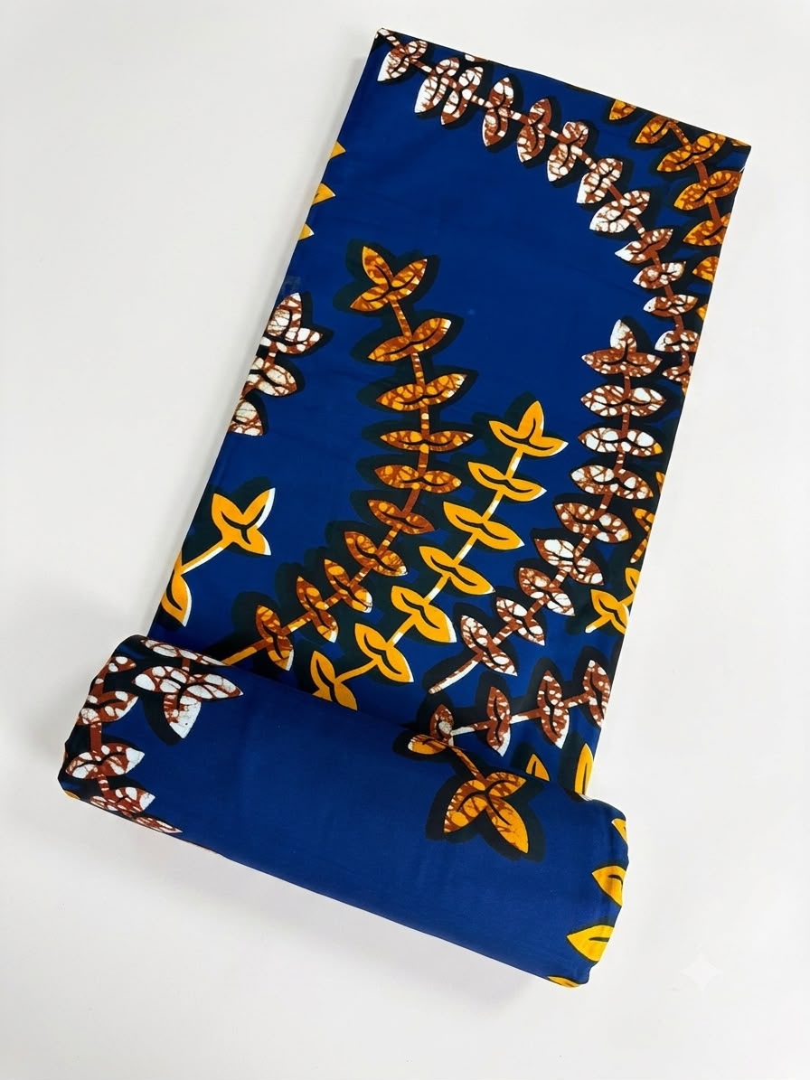 Family of five wearing matching royal blue and gold leaf vine Ankara outfits — mum, dad and three children coordinated