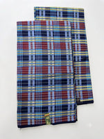Family of five wearing coordinated navy blue tartan check African print outfits at an outdoor celebration