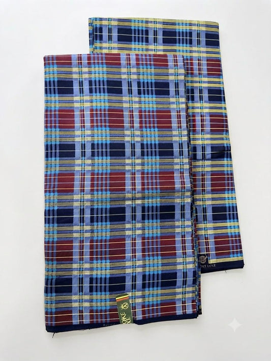 Family of five wearing coordinated navy blue tartan check African print outfits at an outdoor celebration
